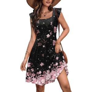 Zeagoo Boho Mini A-line Dress 2025 Womens Summer Dress Casual Ruffle Tiered Floral Square Neck Sundresses Beach with Pockets(Black Floral)