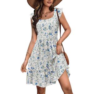 Zeagoo Boho Mini A-line Dress 2025 Womens Summer Dress Casual Ruffle Tiered Floral Square Neck Sundresses Beach with Pockets(White Blue Floral)