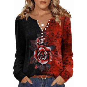 Zeagoo Fall Tops for Women Long Sleeve Button Up Shirts Floral Tunics V Neck Pullover Blouse(Black Red Floral)