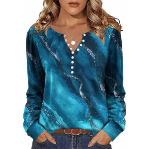 Zeagoo Fall Tops for Women Long Sleeve Button Up Shirts Floral Tunics V Neck Pullover Blouse(Blue Print)