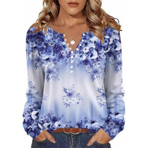 Zeagoo Fall Tops for Women Long Sleeve Button Up Shirts Floral Tunics V Neck Pullover Blouse(Blue Purple Floral)