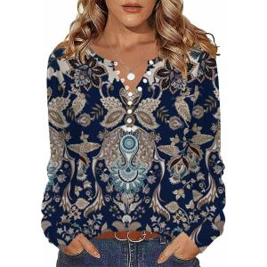 Zeagoo Fall Tops for Women Long Sleeve Button Up Shirts Floral Tunics V Neck Pullover Blouse(Ethnic Black)