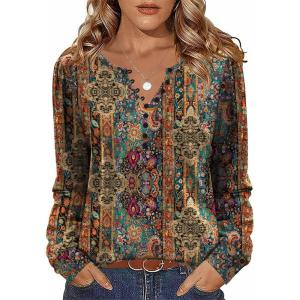 Zeagoo Fall Tops for Women Long Sleeve Button Up Shirts Floral Tunics V Neck Pullover Blouse(Ethnic Print)