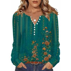 Zeagoo Fall Tops for Women Long Sleeve Button Up Shirts Floral Tunics V Neck Pullover Blouse(Green Floral 02)