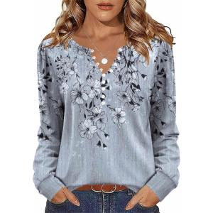 Zeagoo Fall Tops for Women Long Sleeve Button Up Shirts Floral Tunics V Neck Pullover Blouse(Grey Floral 01)