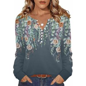 Zeagoo Fall Tops for Women Long Sleeve Button Up Shirts Floral Tunics V Neck Pullover Blouse(Grey-green Floral)