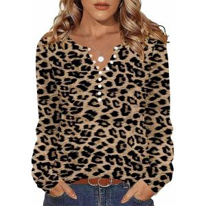 Zeagoo Fall Tops for Women Long Sleeve Button Up Shirts Floral Tunics V Neck Pullover Blouse(Leopard Print)