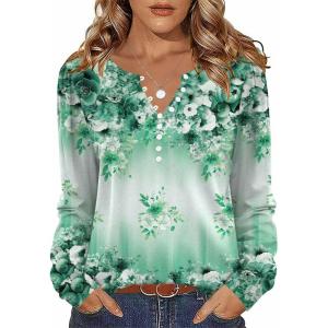 Zeagoo Fall Tops for Women Long Sleeve Button Up Shirts Floral Tunics V Neck Pullover Blouse(Light Green Floral)