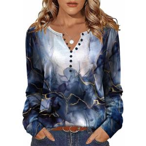 Zeagoo Fall Tops for Women Long Sleeve Button Up Shirts Floral Tunics V Neck Pullover Blouse(Mixed Blue)