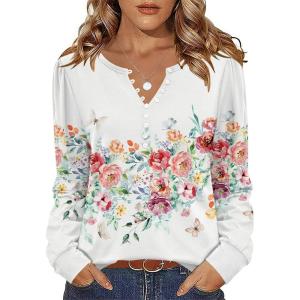 Zeagoo Fall Tops for Women Long Sleeve Button Up Shirts Floral Tunics V Neck Pullover Blouse(White Floral 02)