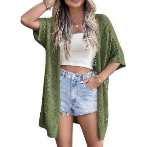 Zeagoo Lightweight Summer Crochet Cardigan for Women Short Sleeve Kimono Boho Oversized Open Front Knitted Cardigan(Army Green)