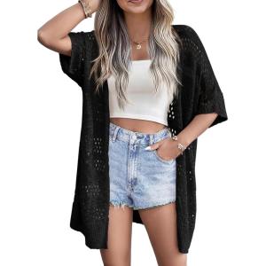 Zeagoo Lightweight Summer Crochet Cardigan for Women Short Sleeve Kimono Boho Oversized Open Front Knitted Cardigan(Black)