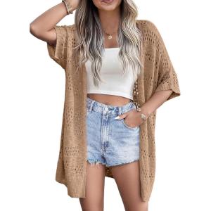 Zeagoo Lightweight Summer Crochet Cardigan for Women Short Sleeve Kimono Boho Oversized Open Front Knitted Cardigan(Brown)