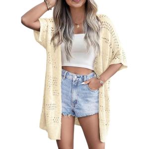 Zeagoo Lightweight Summer Crochet Cardigan for Women Short Sleeve Kimono Boho Oversized Open Front Knitted Cardigan(Cream Beige)