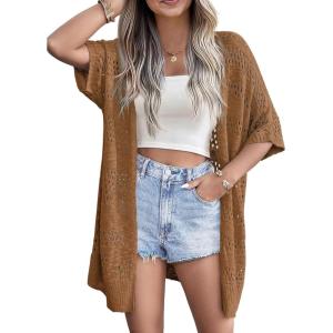 Zeagoo Lightweight Summer Crochet Cardigan for Women Short Sleeve Kimono Boho Oversized Open Front Knitted Cardigan(Dark Brown)
