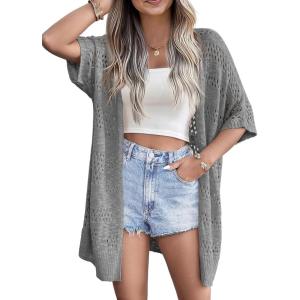 Zeagoo Lightweight Summer Crochet Cardigan for Women Short Sleeve Kimono Boho Oversized Open Front Knitted Cardigan(Dark Grey)