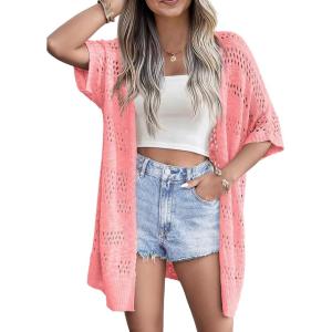 Zeagoo Lightweight Summer Crochet Cardigan for Women Short Sleeve Kimono Boho Oversized Open Front Knitted Cardigan(Pink)