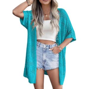 Zeagoo Lightweight Summer Crochet Cardigan for Women Short Sleeve Kimono Boho Oversized Open Front Knitted Cardigan(Teal)