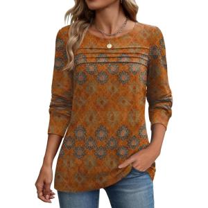 Zeagoo Long Sleeve Shirts for Women Casual Fall Fashion Crewneck Pleated Tunic Tops Work Outfit Blouse(Bobo Orange 836)