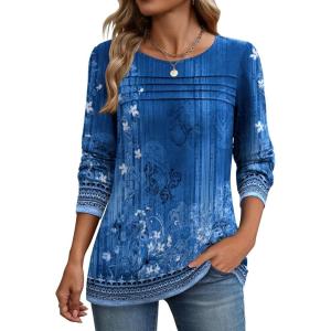 Zeagoo Long Sleeve Shirts for Women Casual Fall Fashion Crewneck Pleated Tunic Tops Work Outfit Blouse(Boho Blue 712)