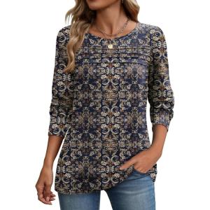 Zeagoo Long Sleeve Shirts for Women Casual Fall Fashion Crewneck Pleated Tunic Tops Work Outfit Blouse(Boho Navy 869)