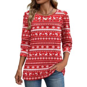 Zeagoo Long Sleeve Shirts for Women Casual Fall Fashion Crewneck Pleated Tunic Tops Work Outfit Blouse(Christmas Red 142)