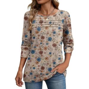 Zeagoo Long Sleeve Shirts for Women Casual Fall Fashion Crewneck Pleated Tunic Tops Work Outfit Blouse(Floral 170)