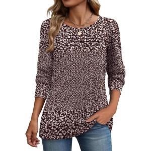 Zeagoo Long Sleeve Shirts for Women Casual Fall Fashion Crewneck Pleated Tunic Tops Work Outfit Blouse(Floral Brown 517)
