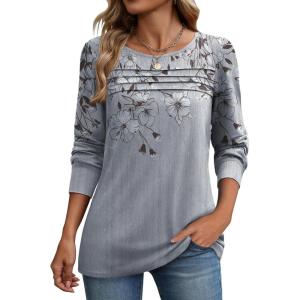 Zeagoo Long Sleeve Shirts for Women Casual Fall Fashion Crewneck Pleated Tunic Tops Work Outfit Blouse(Floral Grey 62)