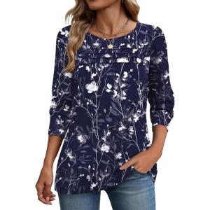 Zeagoo Long Sleeve Shirts for Women Casual Fall Fashion Crewneck Pleated Tunic Tops Work Outfit Blouse(Floral Navy 180)