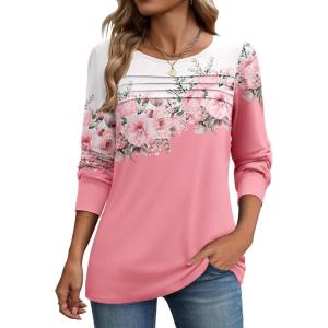 Zeagoo Long Sleeve Shirts for Women Casual Fall Fashion Crewneck Pleated Tunic Tops Work Outfit Blouse(Floral Pink 122)