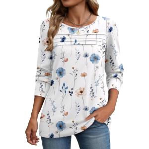 Zeagoo Long Sleeve Shirts for Women Casual Fall Fashion Crewneck Pleated Tunic Tops Work Outfit Blouse(Floral White 112)