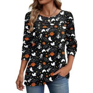 Zeagoo Long Sleeve Shirts for Women Casual Fall Fashion Crewneck Pleated Tunic Tops Work Outfit Blouse(Halloween Black)
