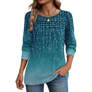 Zeagoo Long Sleeve Shirts for Women Casual Fall Fashion Crewneck Pleated Tunic Tops Work Outfit Blouse(Leaf Green 363)