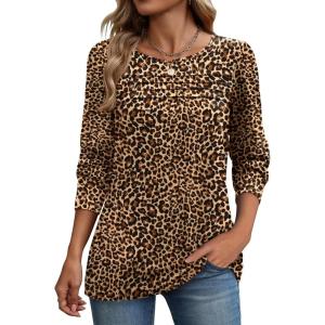 Zeagoo Long Sleeve Shirts for Women Casual Fall Fashion Crewneck Pleated Tunic Tops Work Outfit Blouse(Leopard 136)
