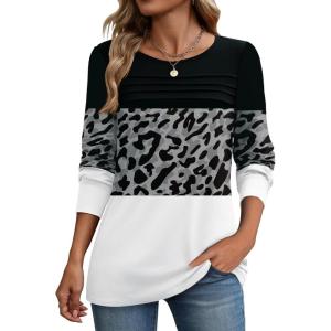 Zeagoo Long Sleeve Shirts for Women Casual Fall Fashion Crewneck Pleated Tunic Tops Work Outfit Blouse(Leopard Grey 519)