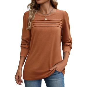 Zeagoo Long Sleeve Shirts for Women Casual Fall Fashion Crewneck Pleated Tunic Tops Work Outfit Blouse(Maple)