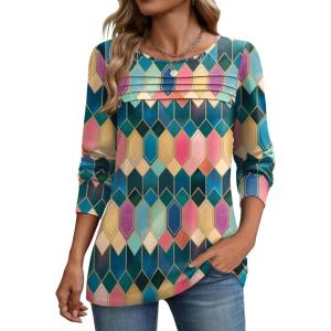 Zeagoo Long Sleeve Shirts for Women Casual Fall Fashion Crewneck Pleated Tunic Tops Work Outfit Blouse(Multicolor 517)