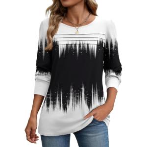 Zeagoo Long Sleeve Shirts for Women Casual Fall Fashion Crewneck Pleated Tunic Tops Work Outfit Blouse(Printed Black White 204)