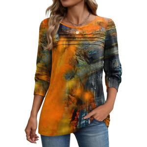 Zeagoo Long Sleeve Shirts for Women Casual Fall Fashion Crewneck Pleated Tunic Tops Work Outfit Blouse(Printed Orange 272)