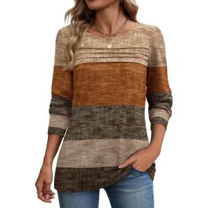 Zeagoo Long Sleeve Shirts for Women Casual Fall Fashion Crewneck Pleated Tunic Tops Work Outfit Blouse(Stripes Brown 398)