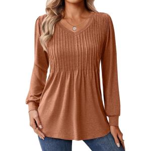 Zeagoo Long Sleeve Shirts for Women Casual V Neck Top Pleated Floral Boho Blouses 2026 Fall Tunics(Caramel)