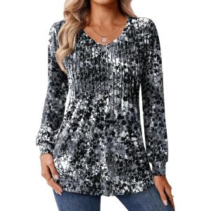 Zeagoo Long Sleeve Shirts for Women Casual V Neck Top Pleated Floral Boho Blouses 2026 Fall Tunics(Cx273)