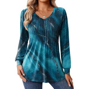 Zeagoo Long Sleeve Shirts for Women Casual V Neck Top Pleated Floral Boho Blouses 2026 Fall Tunics(Cx287)