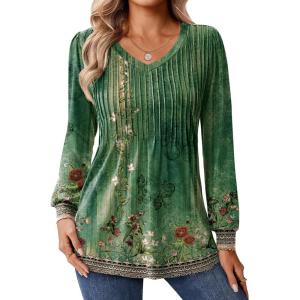 Zeagoo Long Sleeve Shirts for Women Casual V Neck Top Pleated Floral Boho Blouses 2026 Fall Tunics(Mz808)