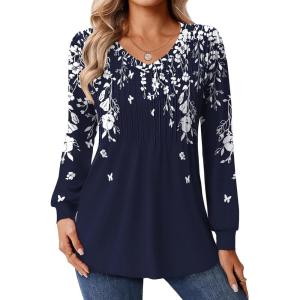 Zeagoo Long Sleeve Shirts for Women Casual V Neck Top Pleated Floral Boho Blouses 2026 Fall Tunics(Sf103 Navy Color)