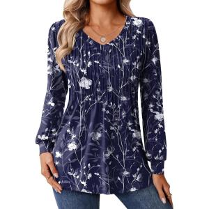 Zeagoo Long Sleeve Shirts for Women Casual V Neck Top Pleated Floral Boho Blouses 2026 Fall Tunics(Sf180)