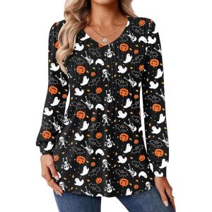 Zeagoo Long Sleeve Shirts for Women Casual V Neck Top Pleated Floral Boho Blouses 2026 Fall Tunics(Ws36)