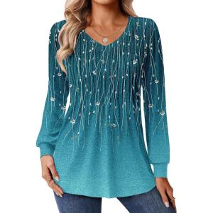 Zeagoo Long Sleeve Shirts for Women Casual V Neck Top Pleated Floral Boho Blouses 2026 Fall Tunics(Xh363)