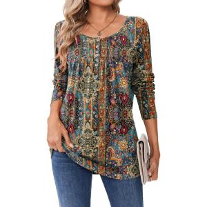 Zeagoo Long Sleeve Shirts for Women Fall Fashion Dressy Casual Blouses Trendy Pleated Tunic Tops for Leggings 2025(A-multicolor-mz721)
